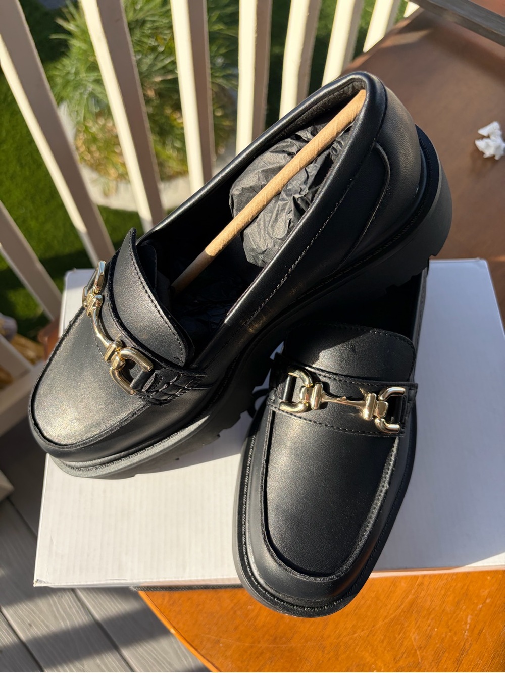 Aldo Black Leather Loafers with Gold Bit